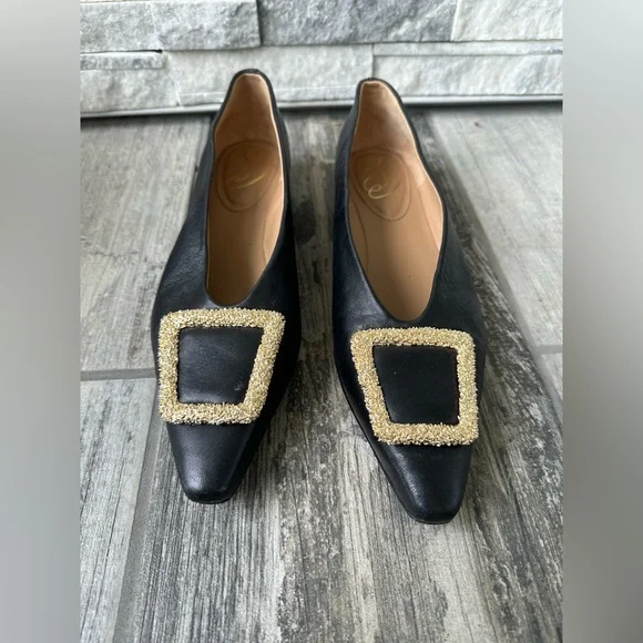 SAM EDELMAN x ANTHROPOLOGIE Janina Leather Pointed Toe Flat Gold Buckle Sz 10 - Picture 6 of 13